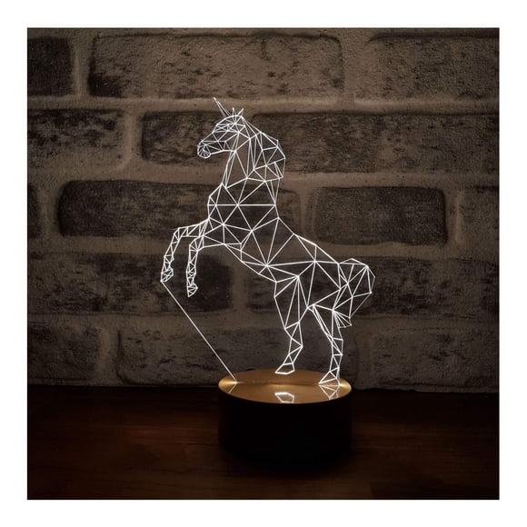 Lámpara 3D con forma de caballo con forma de unicornio, con base de madera hecha a mano