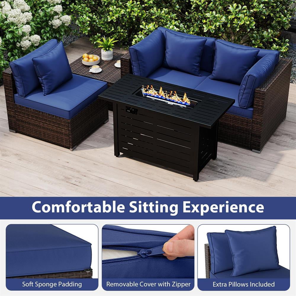 Topcobee Heavy-duty Frame Rattan Sofa Set with 60000 BTU Firepit Table, Patio Furniture Set for Outdoor, Comfort-Navy