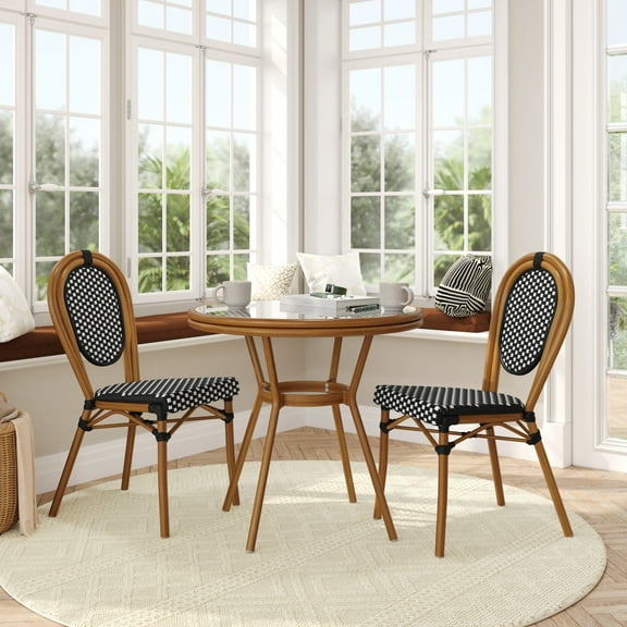Flash Furniture Indoor/Outdoor Commercial French Bistro 31.5" Table, Black and White PE Rattan, Glass Top with 2 Stack Chairs