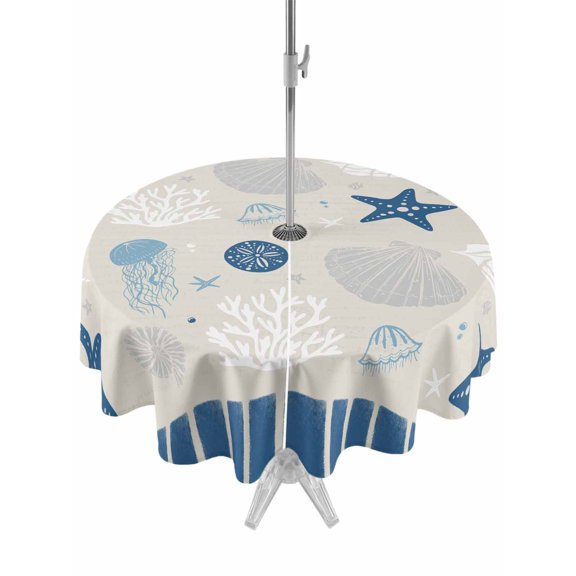 Outdoor Table Cloth with Umbrella Hole and Zipper, Blue Coastal Waterproof Round Tablecloth 60 Inch, Vintage Ocean Nautical Starfish Coral Striped Washable Table Cover for Outside Party Patio Picnic