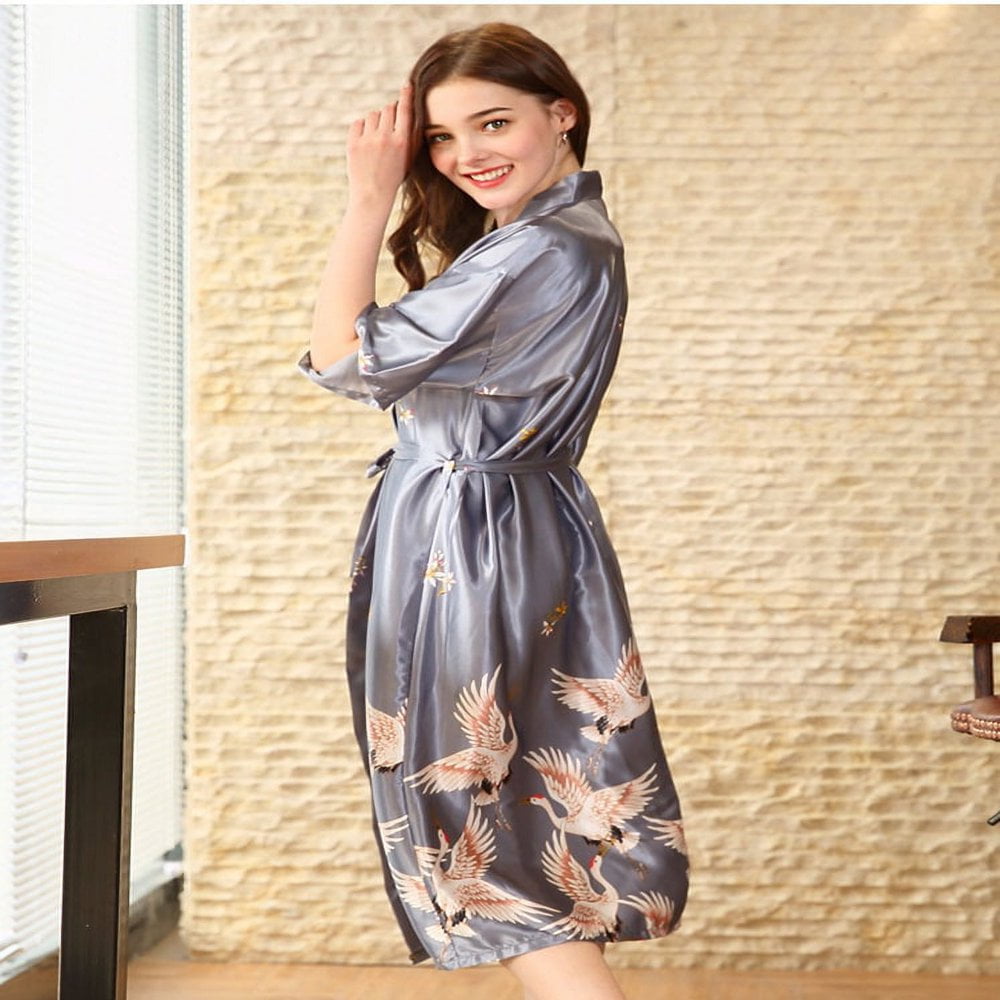 Kimono Robes for Women Long Silk Satin Soft Lightweight Crane Print Nightgown Robe for Bridesmaid Spa House Walmart