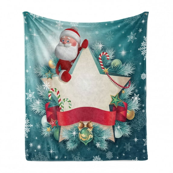 Christmas Soft Flannel Fleece Blanket, Santa Claus Star Banner Snowflakes Ribbon and Candy Cane Tree Winter Season Theme, Cozy Plush for Indoor and Outdoor Use, 60" x 80", Red White, by Ambesonne