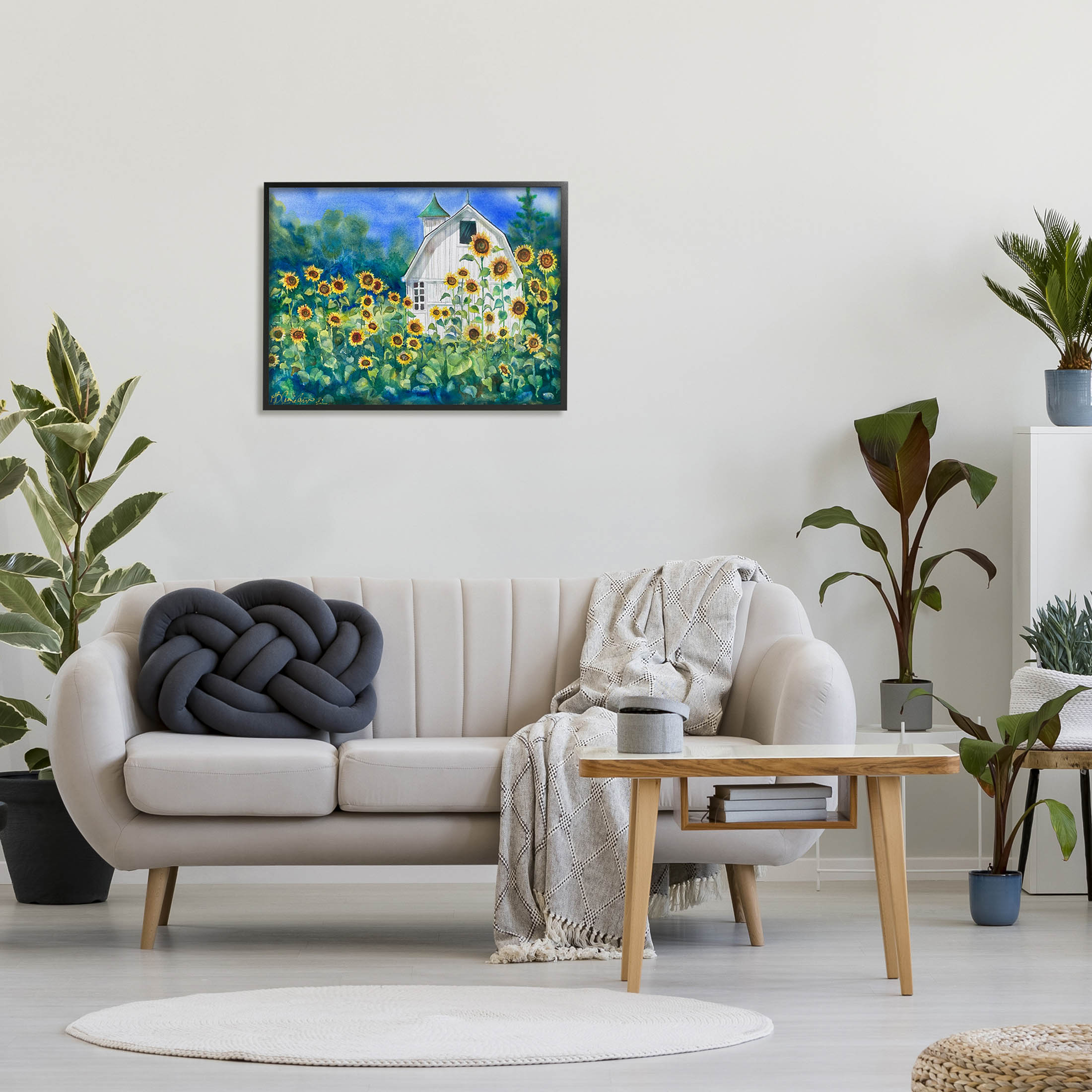 Tall Sunflowers Country Barn Landscape Painting Black Framed Art Print Wall Art
