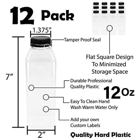 12 OZ Empty PET Plastic Juice Bottles - Pack of 12 BPA Free Reusable Clear Disposable Milk Bulk ...