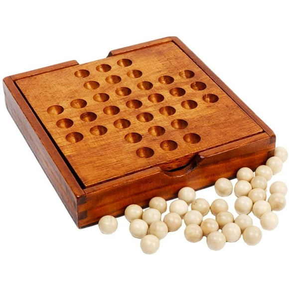 HTOOQWooden Marble Solitaire Board Game, Wood Board Game for Kids Adults Teens, Handmade Marble Game Board Decor, Classical Education Family Game - Brown