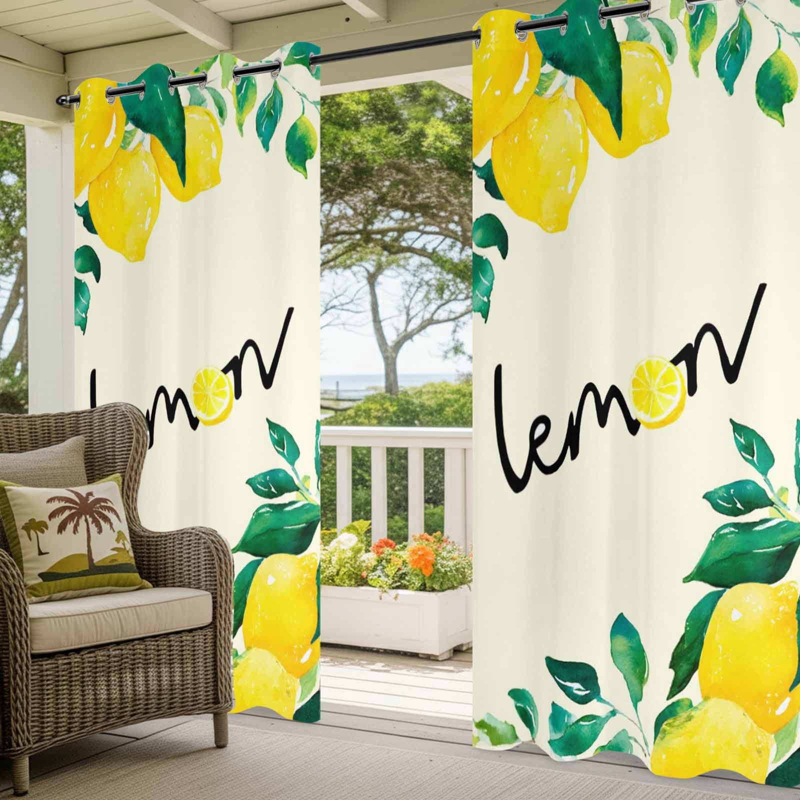Botanical Lemon Outdoor Curtains for Patio, Watercolor Yellow Fruit Green Leaves Plant Sunshade Privacy Drapes Grommet Waterproof Outside Curtains for Porch/Cabana/Balcony 54"x 108", 1 Panel