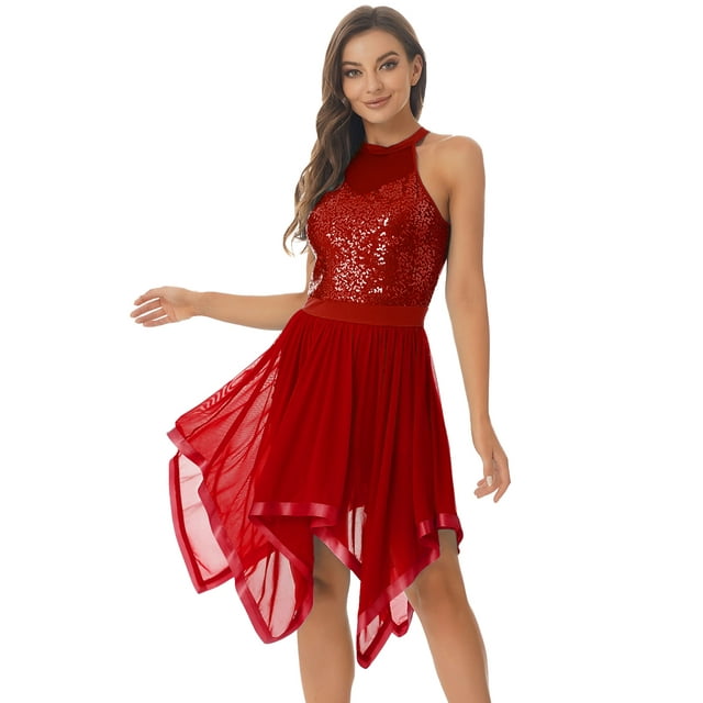 ranrann Robe en Maille pour Femmes Sans Manches Dos Nu Ourlet Asymétrique Robe Patchwork à Paillettes Brillantes Bourgogne G