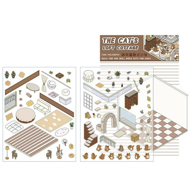 Cabin Scene Cartoon Stickers For Miniature 3D Landscaping, Cute Kid's Collage Hand Account Stackable Gift K6W4