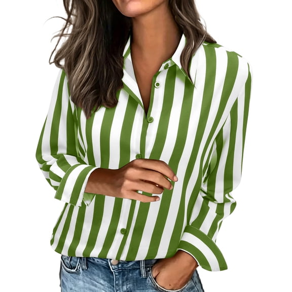 Long Sleeve Tops Women's Striped Button-Up Blouses, Collared Long Sleeve Casual Shirt, Lightweight Loose Dress Tops Workwear