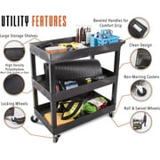 Stand Steady Tubstr 3 Shelf Utility Cart | Heavy Duty Service Cart Supports Up to 400 lbs | Tub Cart with Deep Shelves | Great for Warehouse, Garage, Cleaning, Office & More (32 x 18 / Black)