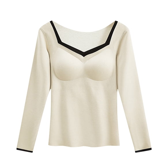 Lenpel Women's Thermal Underwear Tops with Built in Bra Soft Scoop Neck Fleece Undershirts Long Sleeve Base Layer