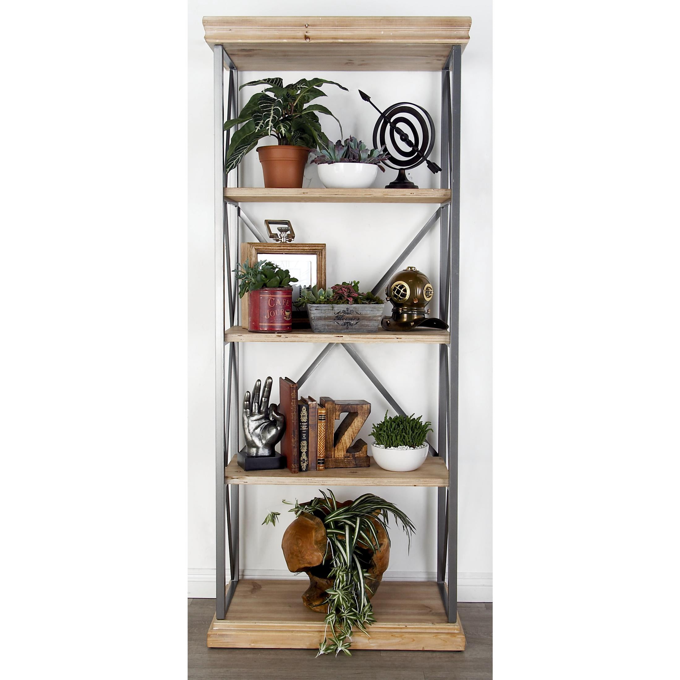 DecMode 30" x 72" Light Brown Wood 4-Tier Shelving Unit with Gray Metal X-Frame, 1-Piece