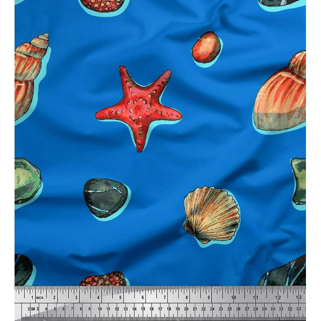 Soimoi Blue Rayon Fabric Gemstone,Seashell & Starfish Ocean Print Fabric by the Yard 56 Inch Wide