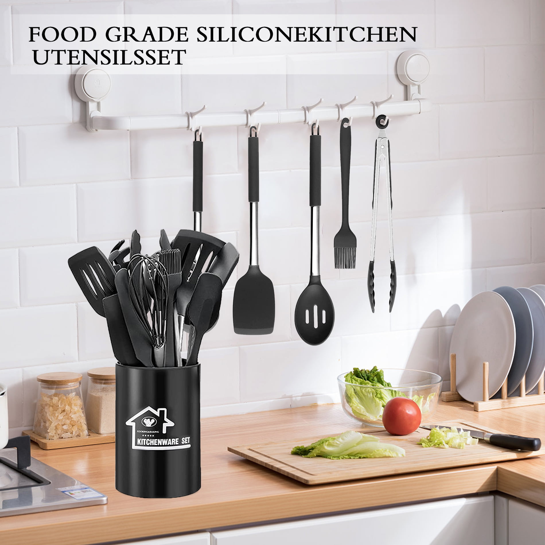 Cibeat Kitchen Silicone Utensil Set, 13 Pcs Silicone Handle Heat Resistant Cooking  Utensils BPA Free, Non-Stick Cookware with Holder, Black 