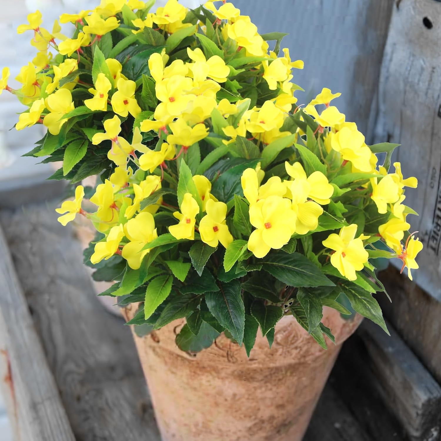 Topboutique Artificial Flower Impatiens 4 Pcs 7 Branches Silk Balsam Bouquet Flowers Fake Flowers Greenery for Balcony Garden Bonsai Decoration (Yellow)