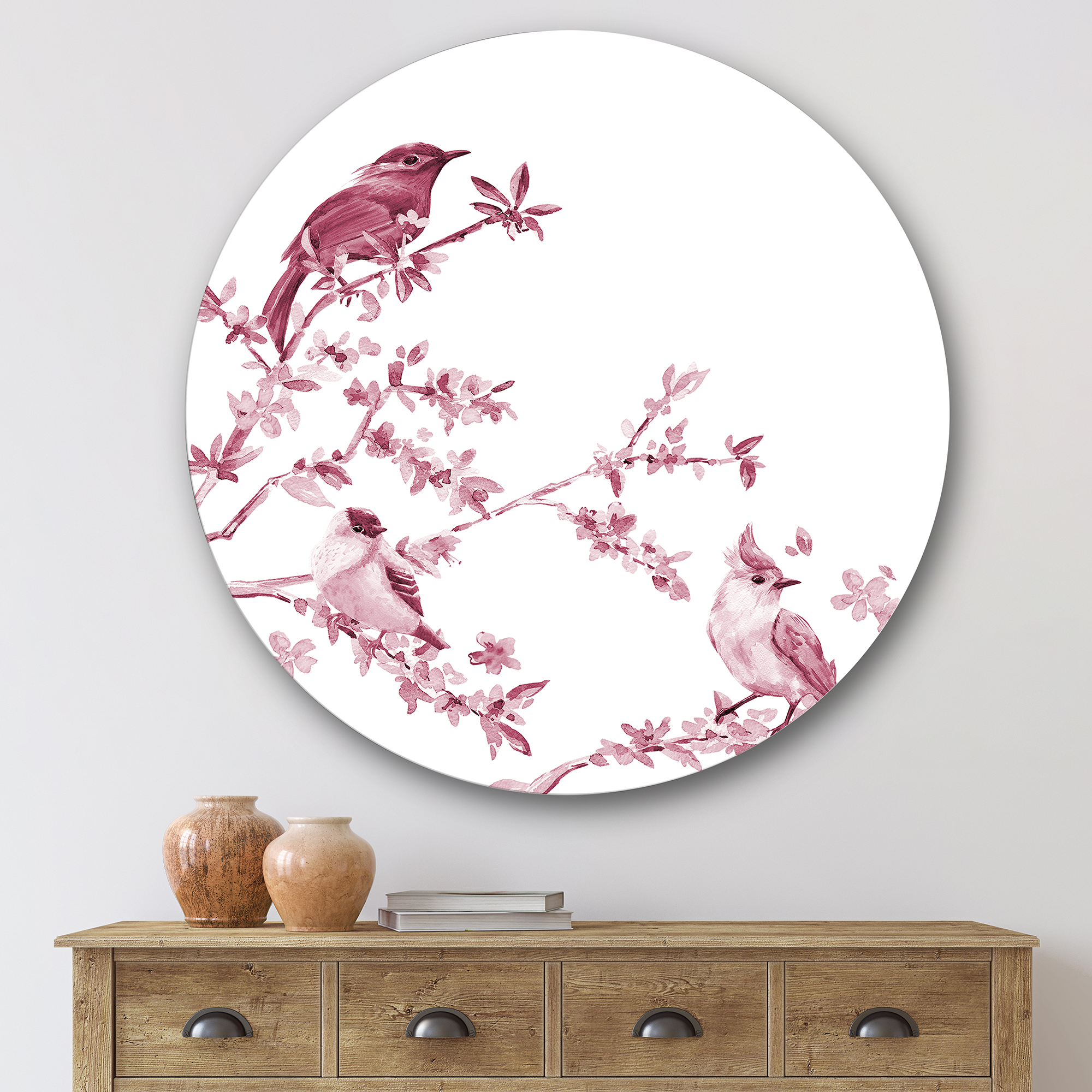 Designart 'Beautiful Pink Birds Sitting On Flowering Branches' Traditional Circle Metal Wall Art 29x29 - Disc of 29