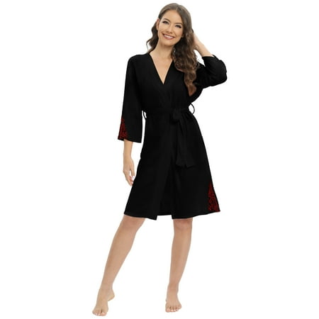 

Xmarks Womens Kimono Robes Lace Patchwork Short Spa Bathrobe Lightweight Soft Casual Sleepwear Black S