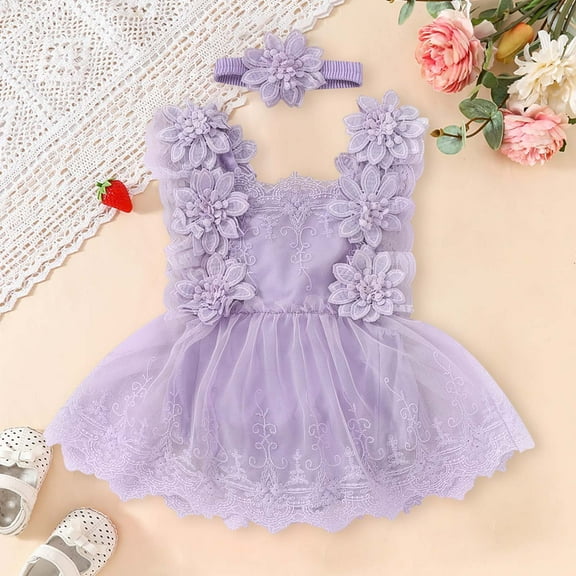 Cute Baby Girls Lace and Mesh Tutu Romper with Floral Print Summer Outfit and Headband Accessory for Stylish