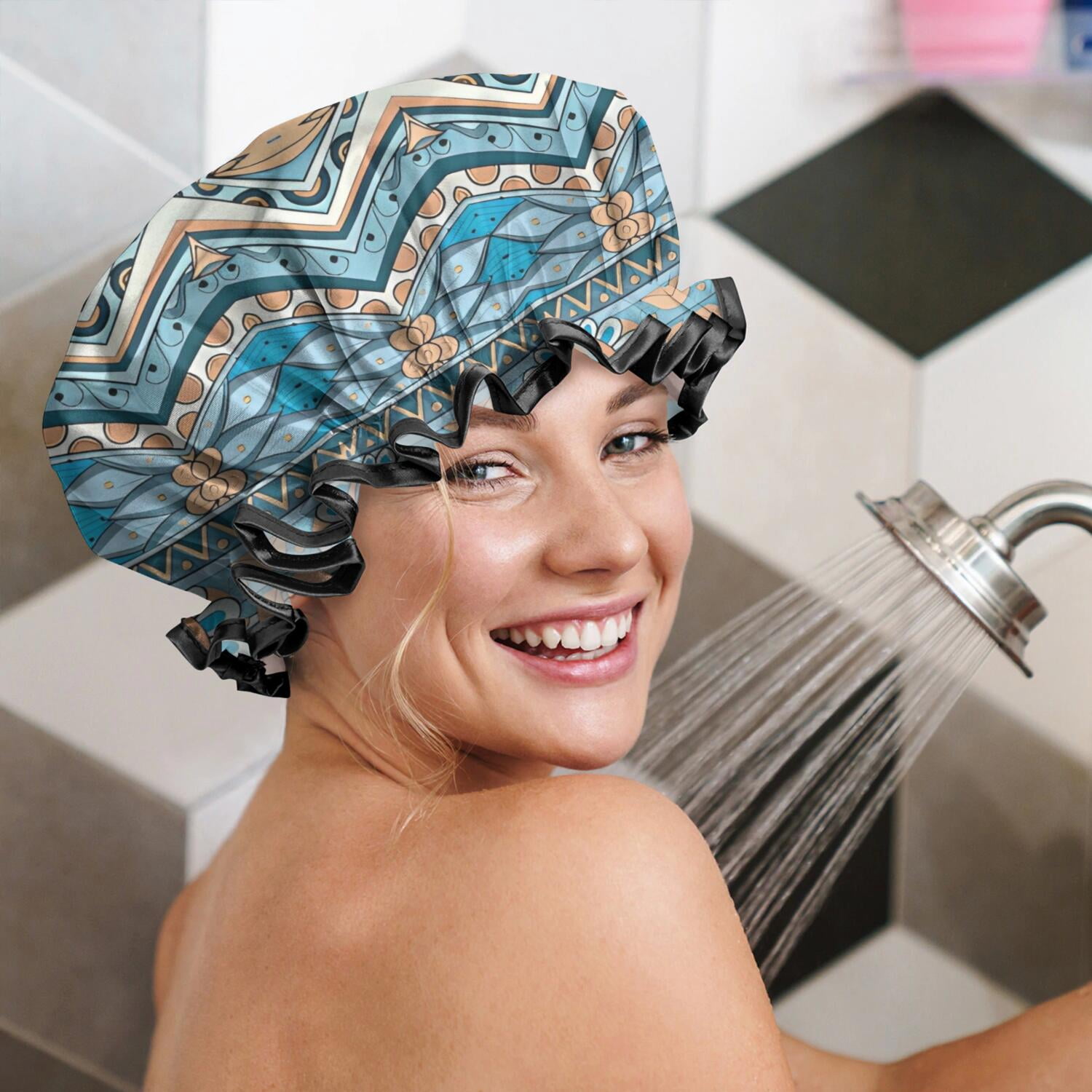 Shower Caps,Blue and Orange Floral Boho Pattern Waterproof Shower Cap for Women 4 Pieces,Double Reusable Hair Cover for Shower PEVA Elastic Stretch Hem