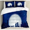 thumbnail image 1 of Night Sky Duvet Cover Set Queen Size, Full Moon on Starry Dark Sky Urban Cityscape with Tall Buildings, Decorative 3 Piece Bedding Set with 2 Pillow Shams, Dark Blue Indigo White, by Ambesonne, 1 of 3