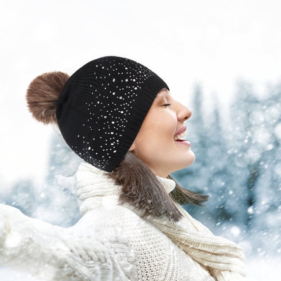 ZHOGXU Winter Beanie Hat For Women Solid Color Rhinestone Design Knitted Thick Warm Comfortable Caps For Autumn Winter Daily Wear Black One Size