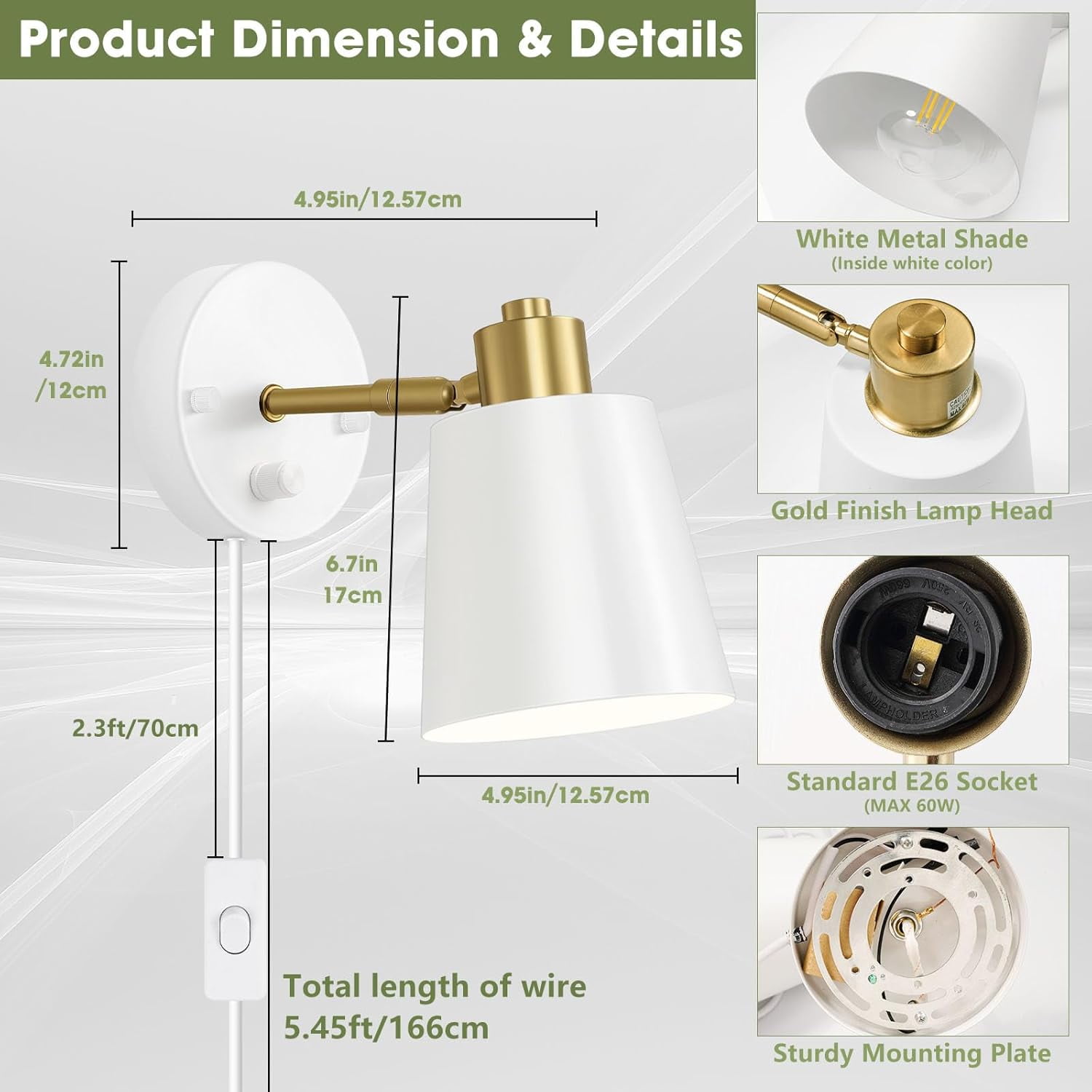 Plug in Dimmer  Wall Sconces Swing Arm Light Fixtures Wall lamps with 5.45ft Plug in Cord Dimmer Knob Switch E26 Base for Bedroom Bathroom Kitchen (2 Bulbs Included)