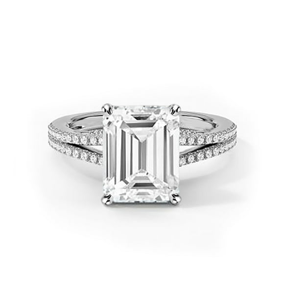 Emerald Cut CZ Split Shank Solitaire Engagement Ring in Rhodium Plating Women, Size 5