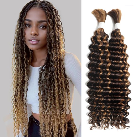 Deep Wave Bulk Human Hair for Braiding 10A Brazilian Curly Human Hair 100 percent Human Hair 2 Bundles No Weft micro Human Braiding Hair for Boho Braids Virgin Hair Extension(P4-30#, 10