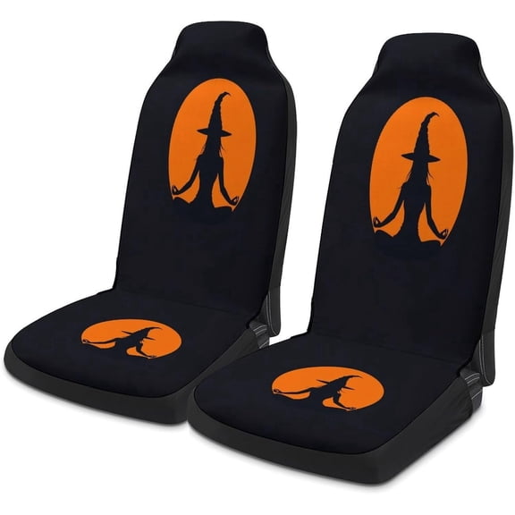Verolix 2PCS Universal Front Car Seat Covers, Black Orange Witch Silhouette Print Automotive Seat Protectors, Breathable Mesh Fabric Seat Covers for Cars, SUVs, Vans and Trucks, Halloween Style Inter