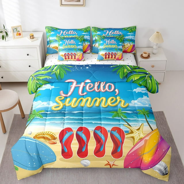 YST 7 Pcs Summer Shell Starfish Bed In A Bag Red Flip Flops Print Comforter Set King Hawaii Beach Ocean Bedding Sets Tropical Coconut Trees Sheet Set with Comforter