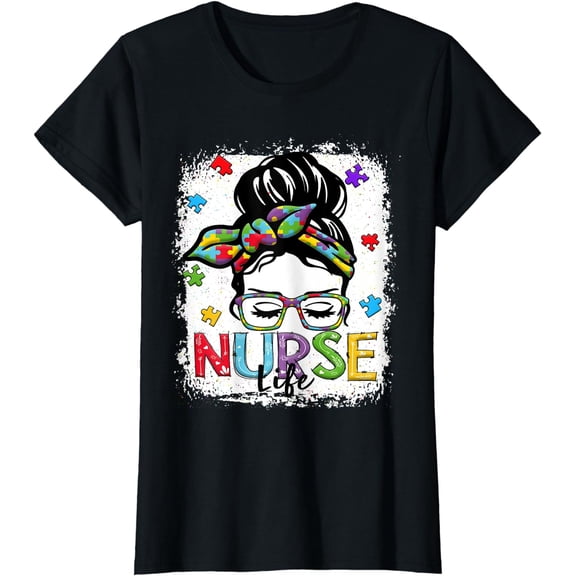 Bleached Nurse Life Messy Bun Leopard Autism T-Shirt