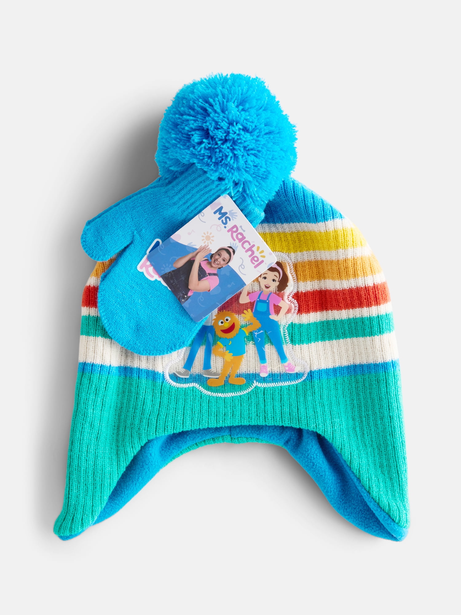 Ms. Rachel Toddler Unisex Ribbed Knit Pom Beanie and Mittens Set, 2 Piece