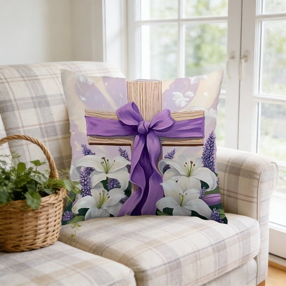 NWOKYZGH 1Pc Easter Throw Pillow Covers 17 x 17 Inch, He is Risen Spring Farmhouse Holiday Purple Cushion Case for Home Sofa Couch Decoration
