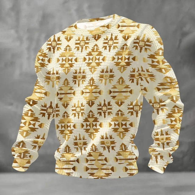 Ceisia Men's All-Season Casual Regular Fit Crew Neck Sweatshirt Gold Foil Navajo Geometric Totem Print Waffle Knit Stretch Fabric Multicolor XL Gifts