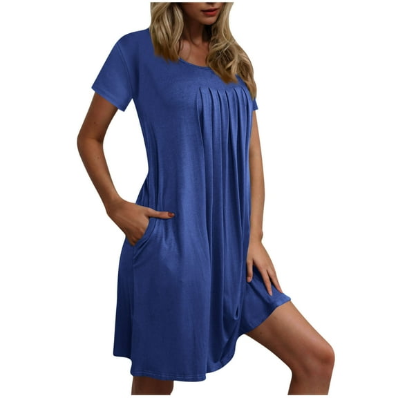 DJskiyers Womens Short Sleeve Pleated Dress Crewneck Casual Summer Dress Loose Fit Short Dress Trendy Mini Dress with Pockets