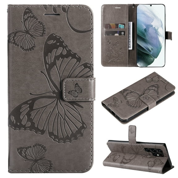 Allytech Galaxy S22 Ultra Wallet Case 6.8", Big Butterfly Embossed Kickstand Flip Cover Shockproof Drop Protection Wrist Strap Cards Holder Wallet Case for Samsung Galaxy S22 Ultra - Gray