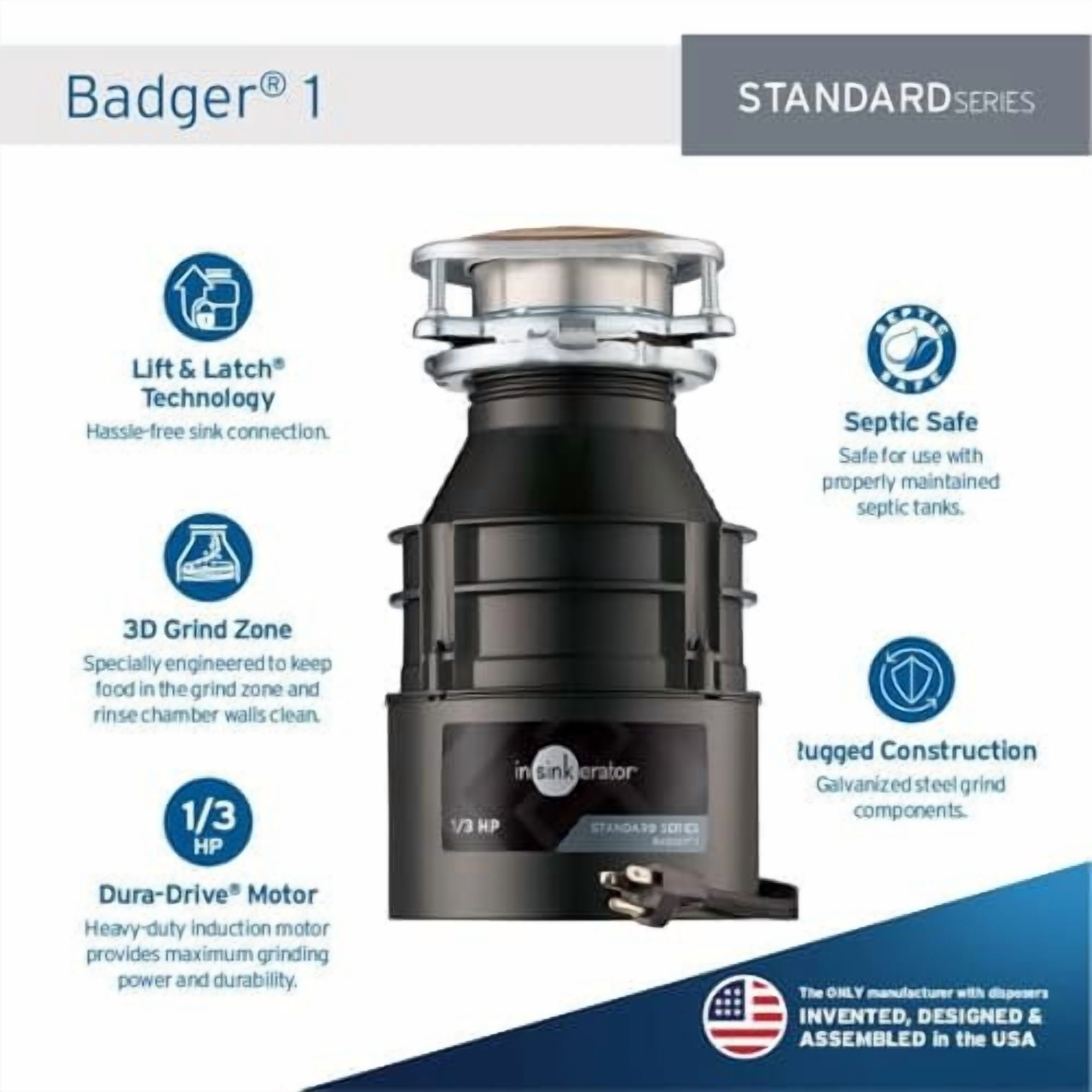 InSinkErator Badger 1 CORD 1/3 HP Continuous Feed Garbage Disposal with Power Cord