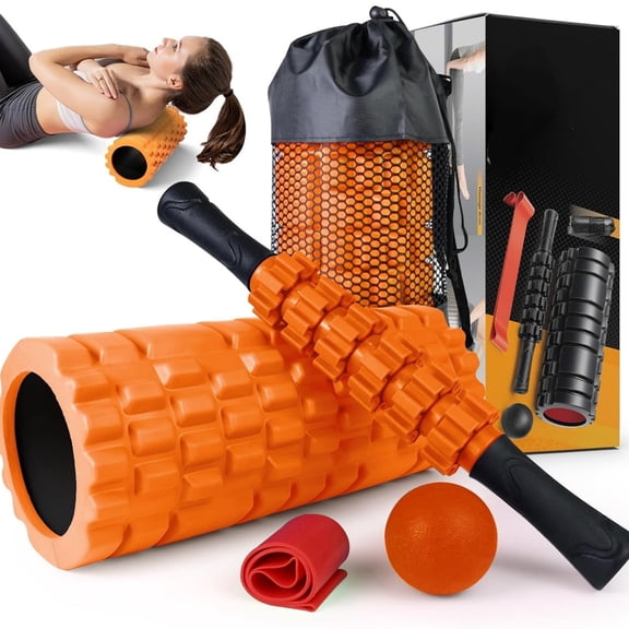 5 in 1 Foam Roller Set for Deep Tissue Muscle Massage, Trigger Point Fitness Exercise Foam Roller, Massage Roller, Massage Ball, Stretching Strap, for Whole Body