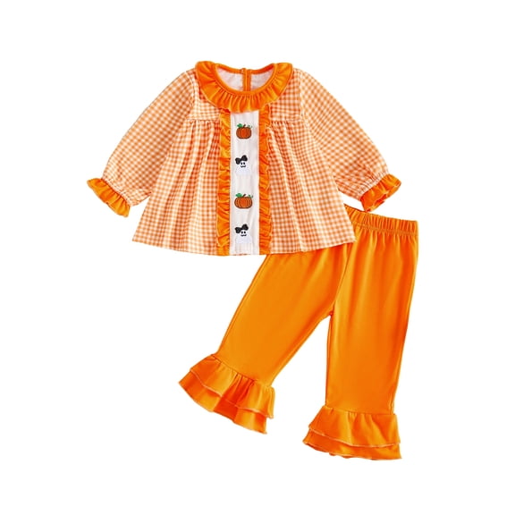 RUINIXCW Toddler Bbay Girl Halloween Outfit Infant Baby Girl Fall Clothes Ghost Pumpkin Embroidery Plaid Babydoll Shirt Tops and Flared Pants 2 Pieces Set