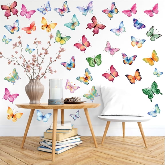 124 Pcs Watercolor Butterfly Decals Colorful Wall Stickers Self Adhesive Removable Vinyl Peel and Stick Home Bedroom Living Room Decoration DIY Decals