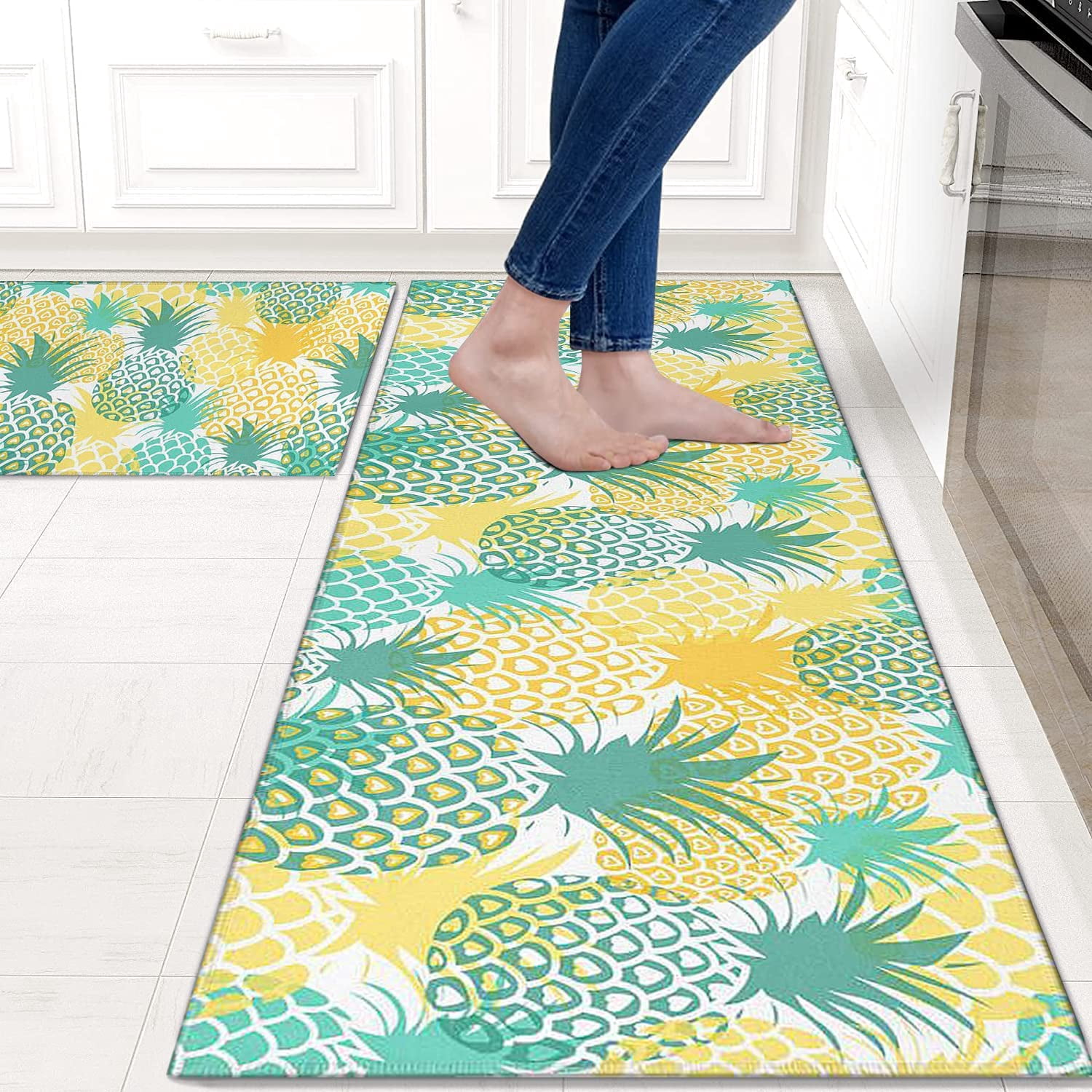Black Kitchen Rugs and Mats Sets of 2, Funny Kitchen Decoration Rubber Backing Non-Slip Absorbent Mats for Sink Waterproof Runner Rug for Laundry Room 17x30+17x48inch