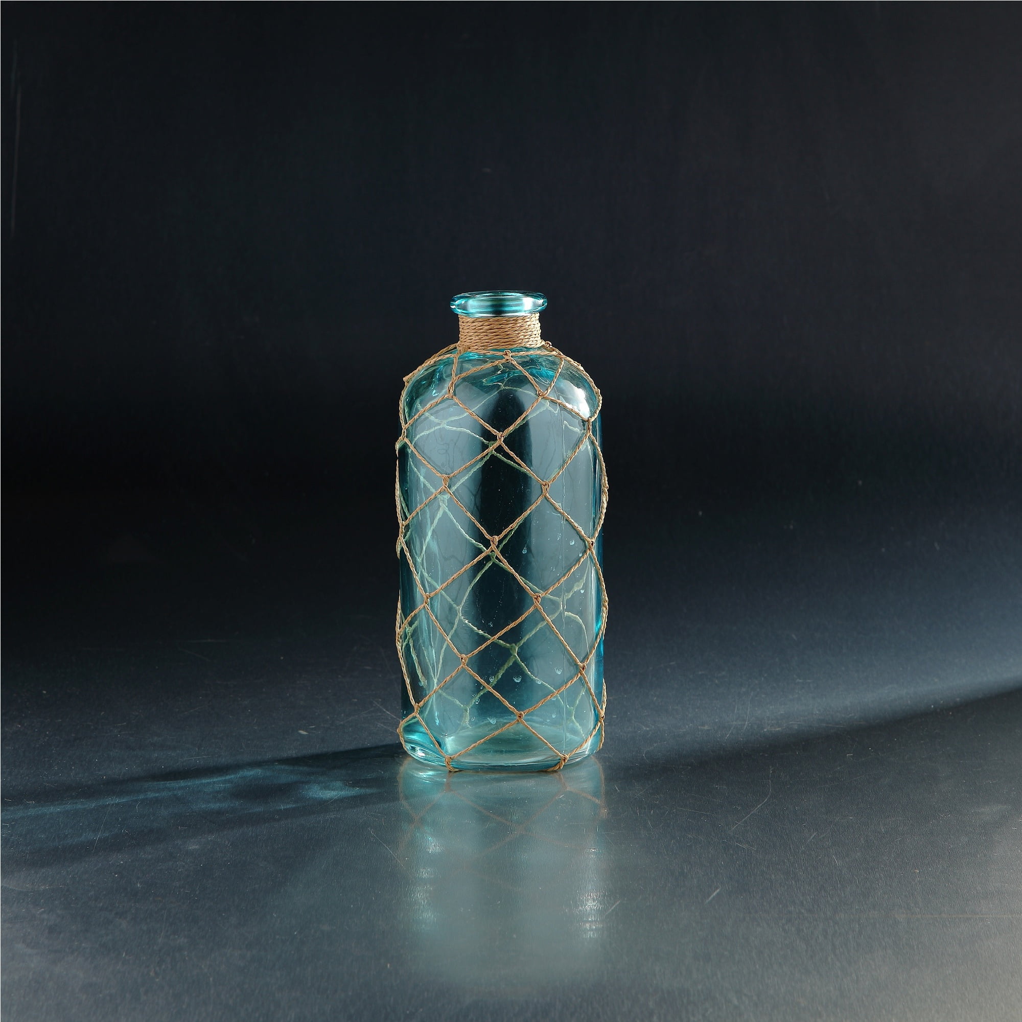 10" Translucent Blue Glass Bottle Vases with Rope Net