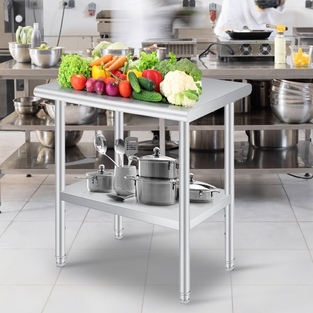 Table de Travail en Acier Inoxydable de Qualité Commerciale pour Cuisine Extérieure – Tablette Inférieure Réglable, Dosseret, Roulettes, Idéale pour Restaurant et Atelier – Taille : 24x48 Pouces