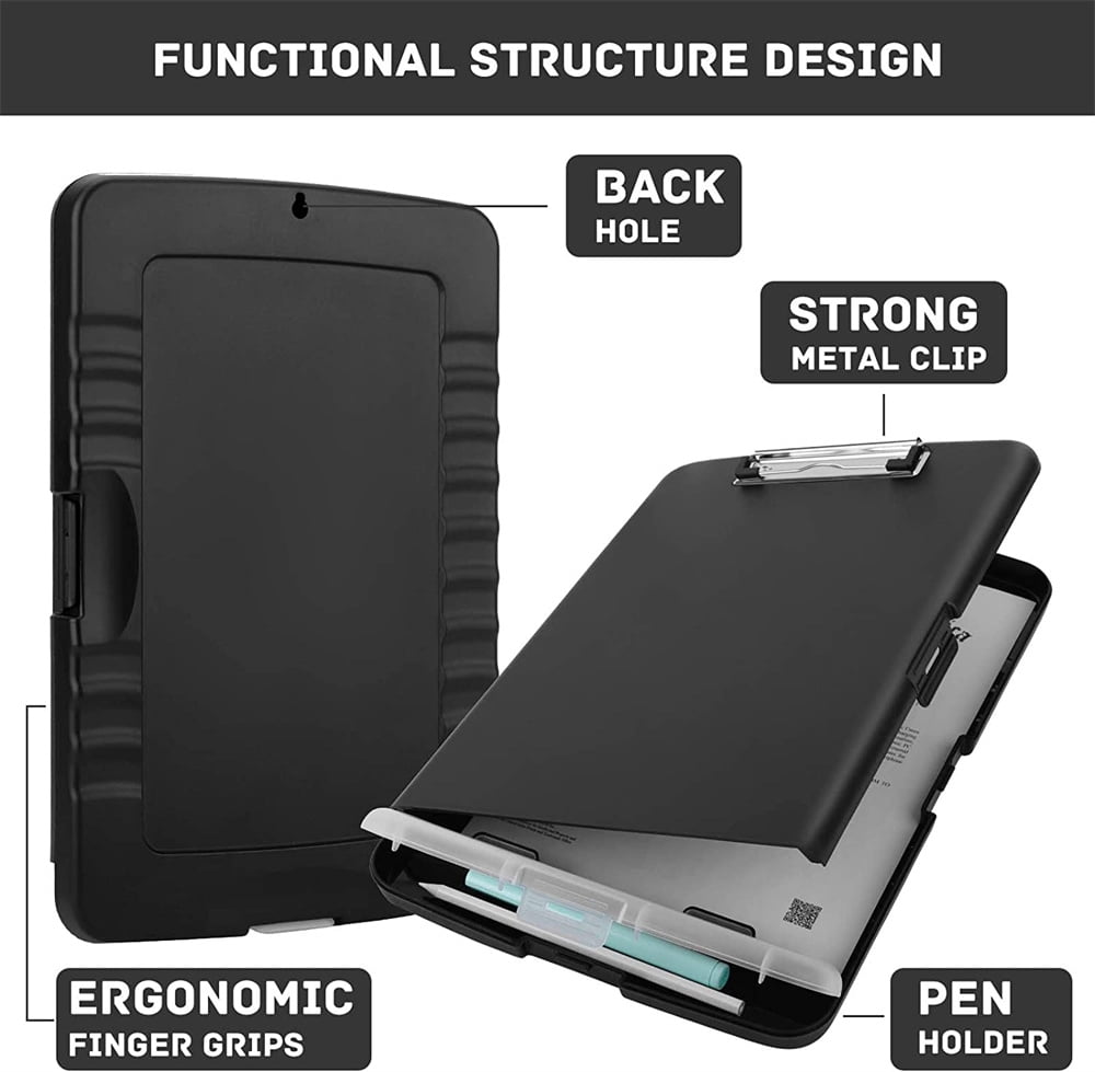 NOGIS Clipboard with Storage, Plastic Clipboards with Pen Holder, Nursing Clipboard 8.5 x 11 inches Letter Size, Foldable Clipboard Organizer with Low Profile Clip for Work, Coach, Student, Black