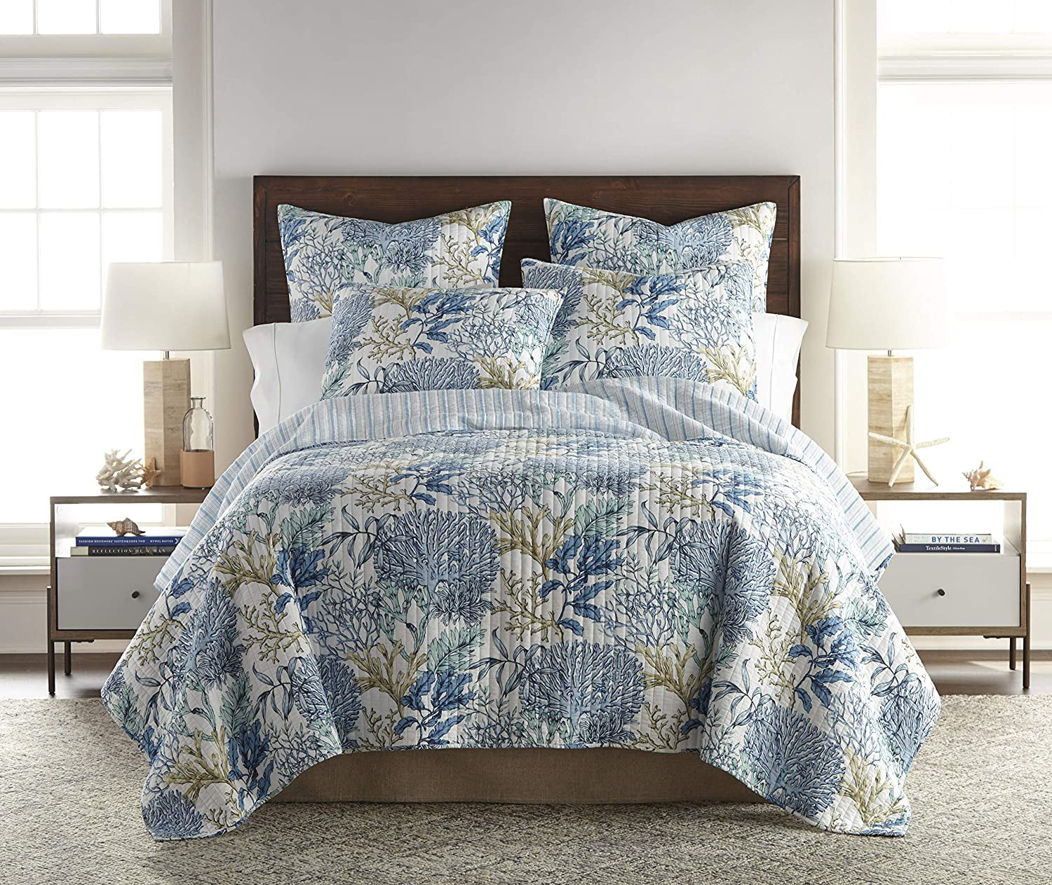 One Standard Pillow Sham Quilt Size Reversible Twin/Twin XL Quilt Levtex Home Blue Maui Quilt Set 68 x 86 Sham Size Striped Coastal Design in Light Blue Cotton 26 x 20 Cream and Tan 