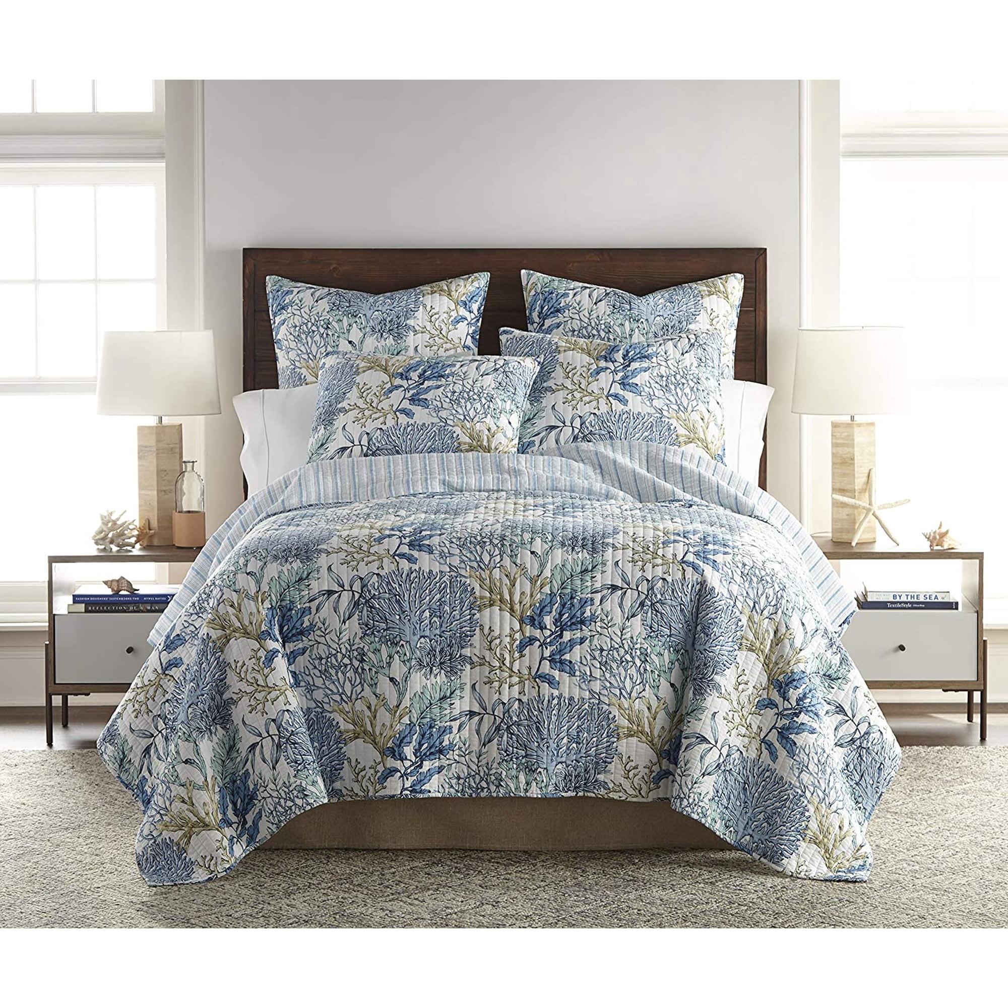 Levtex Home - Mahina Quilt Set - King Quilt + Two King Pillow Shams - Coastal - Taupe, Blue and White - Quilt Size (106x92in.) and Pillow Sham Size (36x20in. ) - Reversible - Cotton