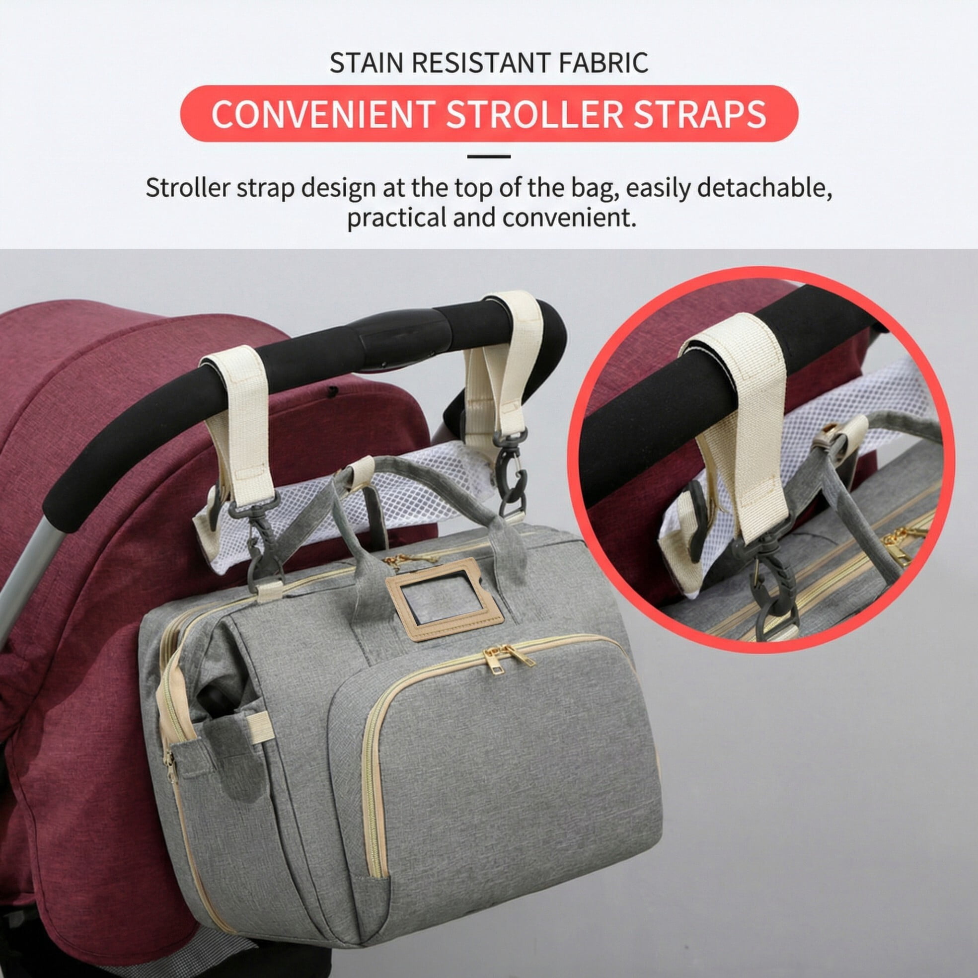 Diaper changing bag, multi-functional baby changing bag, includes insulated bottle holder, essential for baby travel, large capacity travel backpack with USB charging port and stroller strap (gray).