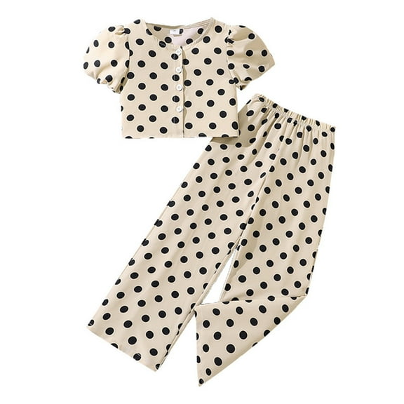 Hienoo Little Girl 2 Piece Outfit Polka Dot Short Puff Sleeve Shirt Pants Suit, Sizes 7-8Y