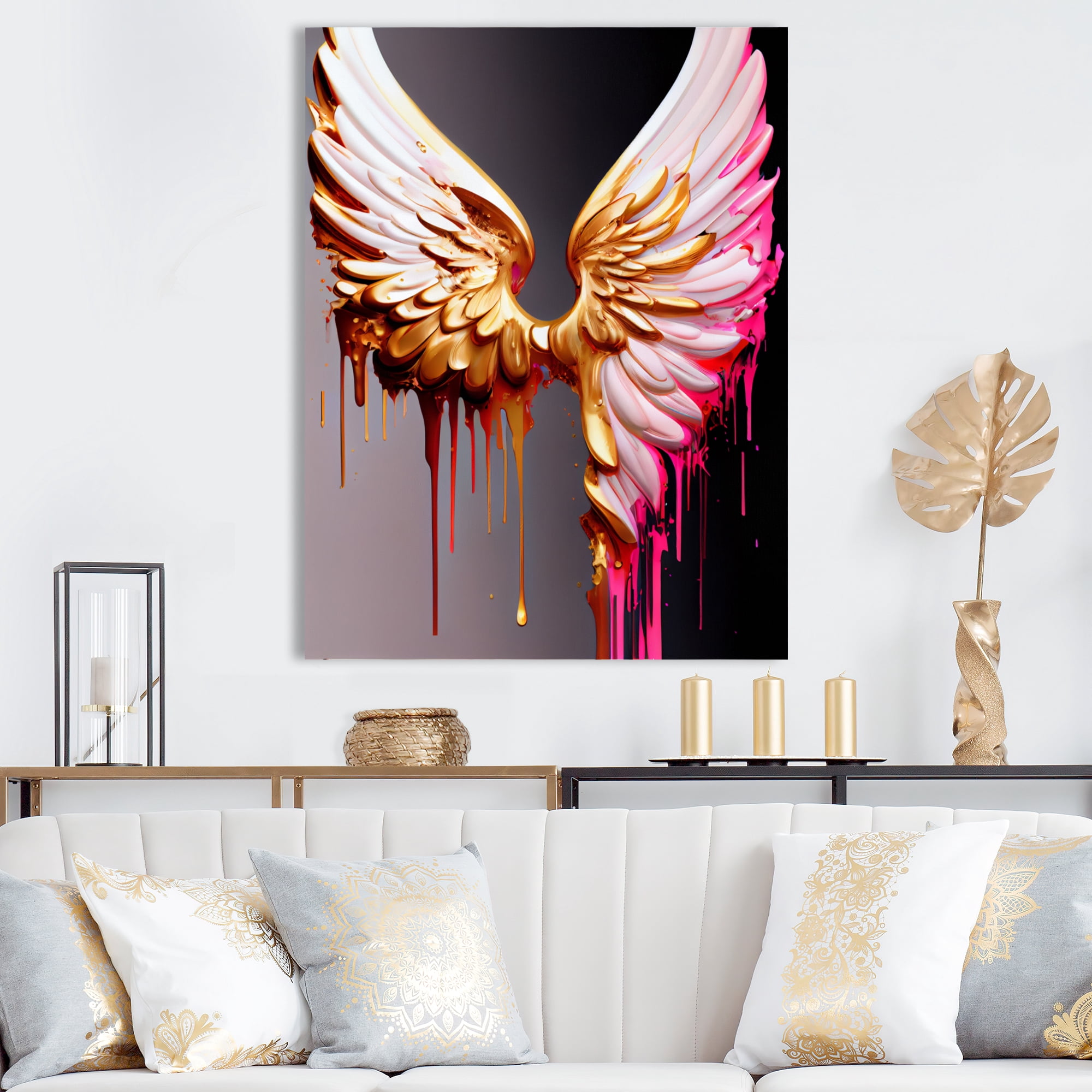 Designart Pink,Gold And Black Angel Wings IV Canvas Wall Art