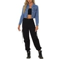 thumbnail image 2 of Chaquetas de mezclilla recortadas para mujeres INSPIRE CHIC con bolsillo en el pecho, con ribete de cuadros, chaqueta de jean con botones, L azul claro, 2 of 6